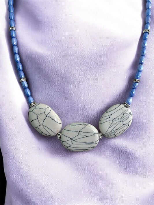 Handcrafted Rare Real Marble Effect Statement Jewellery, Rare Blue Glass Beads with White Shade Effect, Crystal Rhinestone Spacers, 17" inch lenght.