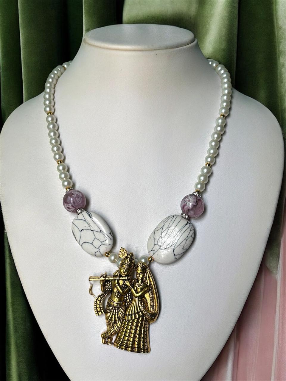 Radha Krishna Pearl Necklace for Women | Marble-Effect Beads & Antique Gold-Plated Pendant | Anti-Tarnish Traditional Jewellery | 18 in Chain