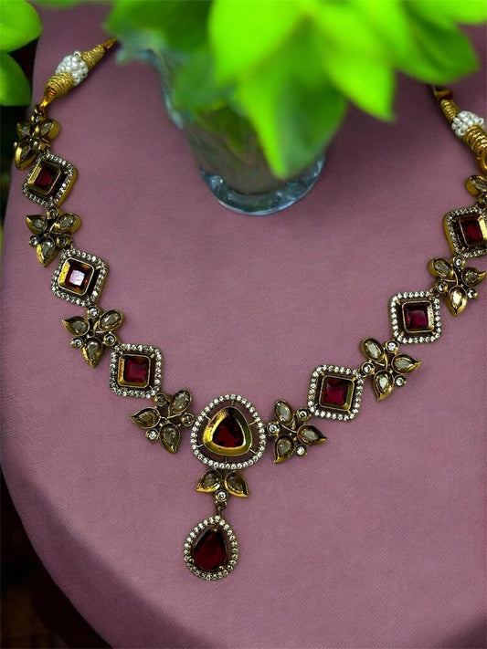 Vintage-Style Ruby and Crystal Immitation Necklace Set with Earrings, Fusion of Western and Tradition, Gold-Toned, Floral Design