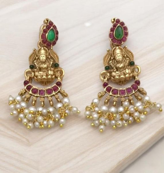 Traditional Temple Lakshmi Imitation Necklace Set with Earrings, Ruby Red and Emerald Green Stones, Pearl Clusters, Gold-Plated