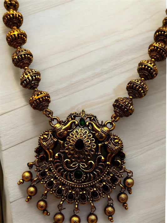 Antique Gold Plated Imitation jewellery Necklace Set with Jhumka Earrings, Traditional Temple Design, Ruby and Emerald Stones