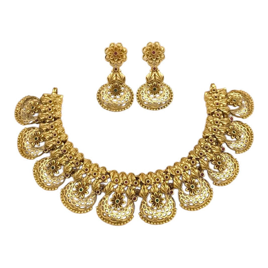 Traditional Floral Necklace & Earrings Set for Women | Gold-Plated Antique Style Chandbali Design Jewellery