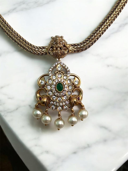 Traditional AD Stone Necklace Set for Women | Gold-Plated Chain with Pearl & Emerald Accents | Lakshmi Earrings & Matching Set