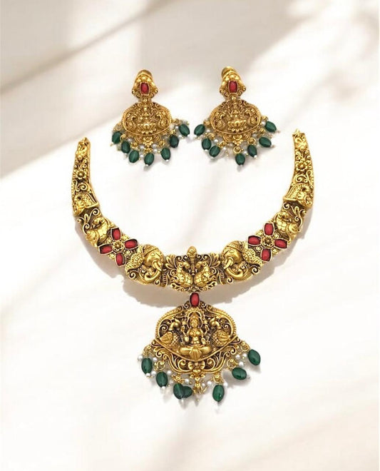Temple Jewellery Set for Women | Lakshmi Design Necklace & Earrings with Red-Green Drops | Antique Gold-Plated Traditional Set