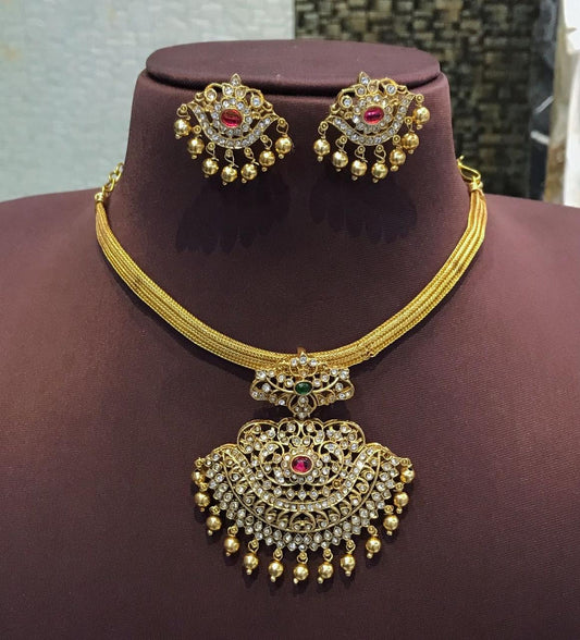 Traditional Imitation Jewellery Set for Women | Gold-Plated Pendant Necklace & Earrings | Ruby & Emerald Accents, Crystal Studded