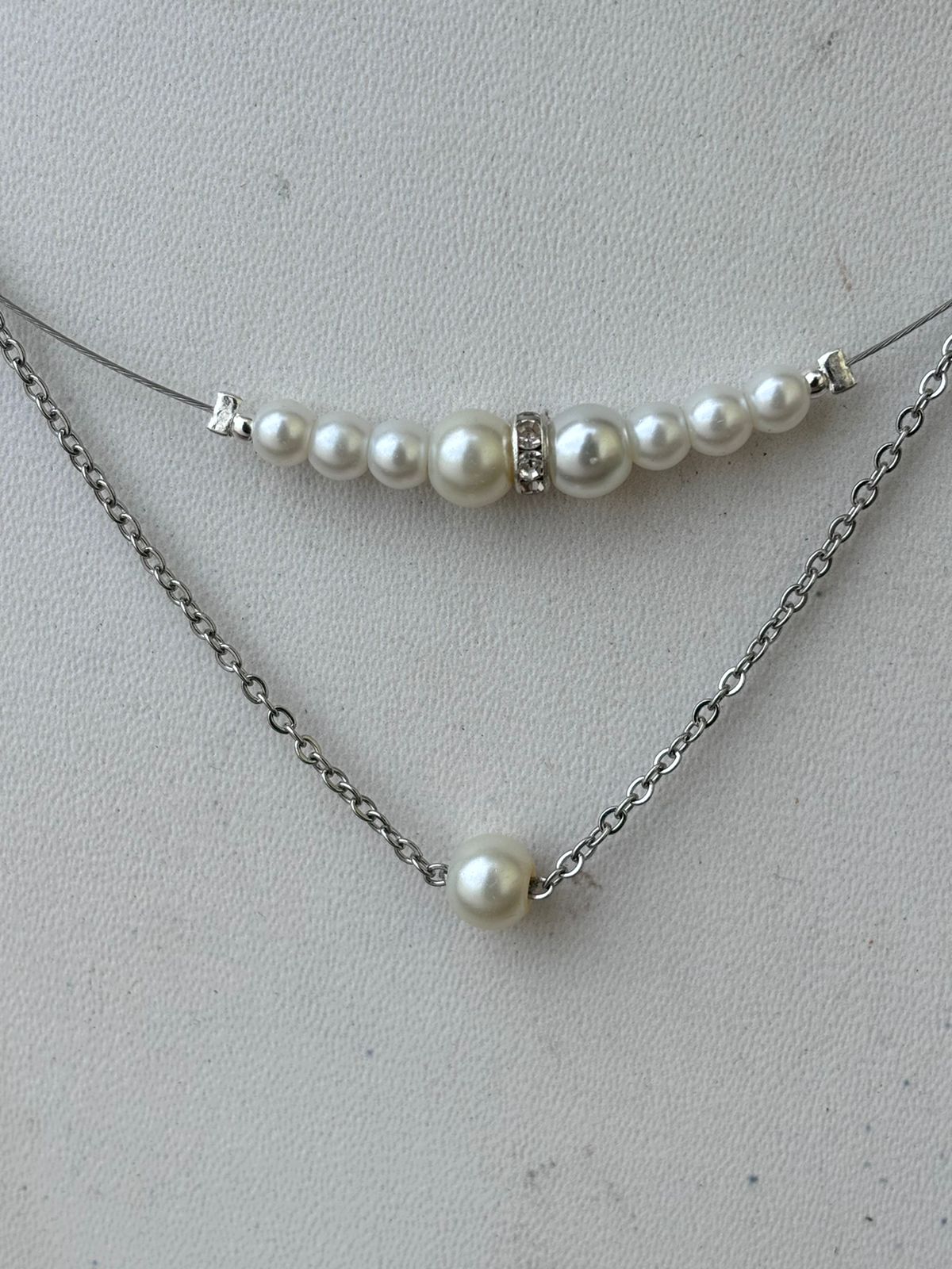 Elegant Double Layer Pearl Necklace, Very thin stainless steel Chain Rhodium plated with Crystal Accent, White Pearls | Anti tarnish, Rust proof | perfect western collection