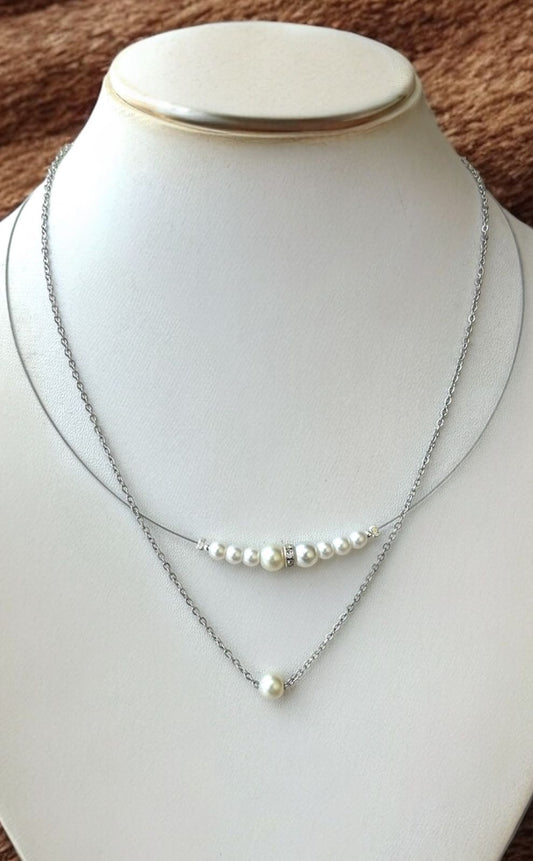 Elegant Double Layer Pearl Necklace, Very thin stainless steel Chain Rhodium plated with Crystal Accent, White Pearls | Anti tarnish, Rust proof | perfect western collection