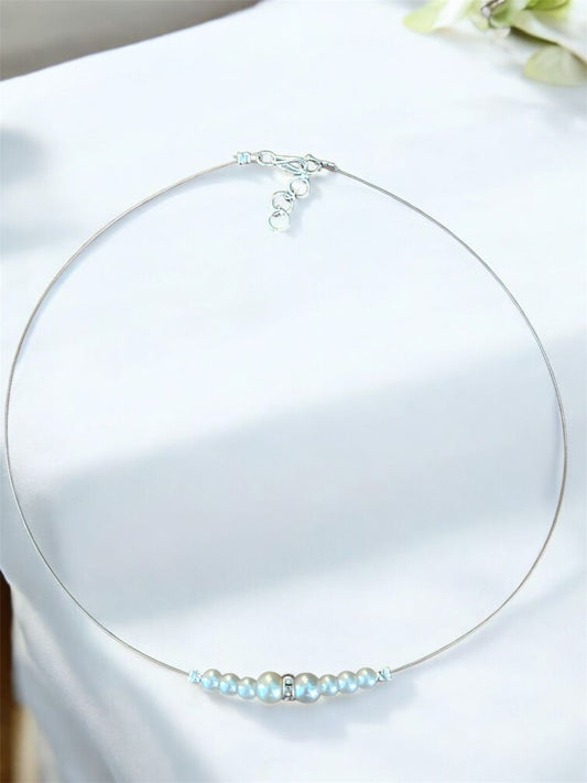 Elegant Pearl Invisible Necklace with Crystal Accent, Silver Tone Wire Chain | Western invisible necklace with silver tone