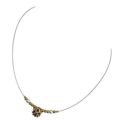Delicate Wire Invisible 16" inch Necklace with Gold-Tone Lotus Pendant, Pearl Beads, Choker Style
