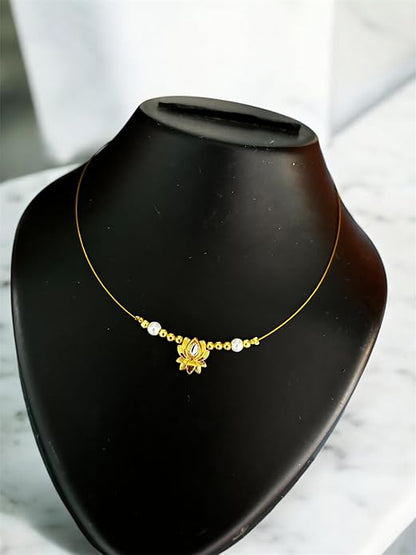 Delicate Wire Invisible 16" inch Necklace with Gold-Tone Lotus Pendant, Pearl Beads, Choker Style