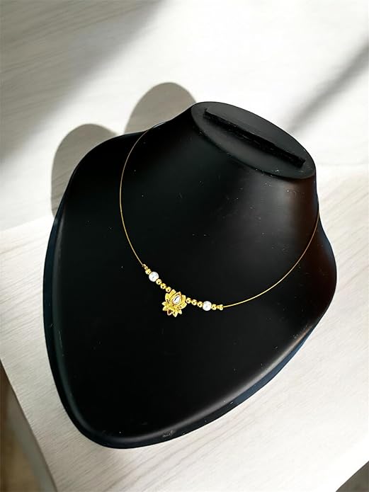 Delicate Wire Invisible 16" inch Necklace with Gold-Tone Lotus Pendant, Pearl Beads, Choker Style