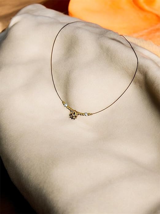 Delicate Wire Invisible 16" inch Necklace with Gold-Tone Lotus Pendant, Pearl Beads, Choker Style