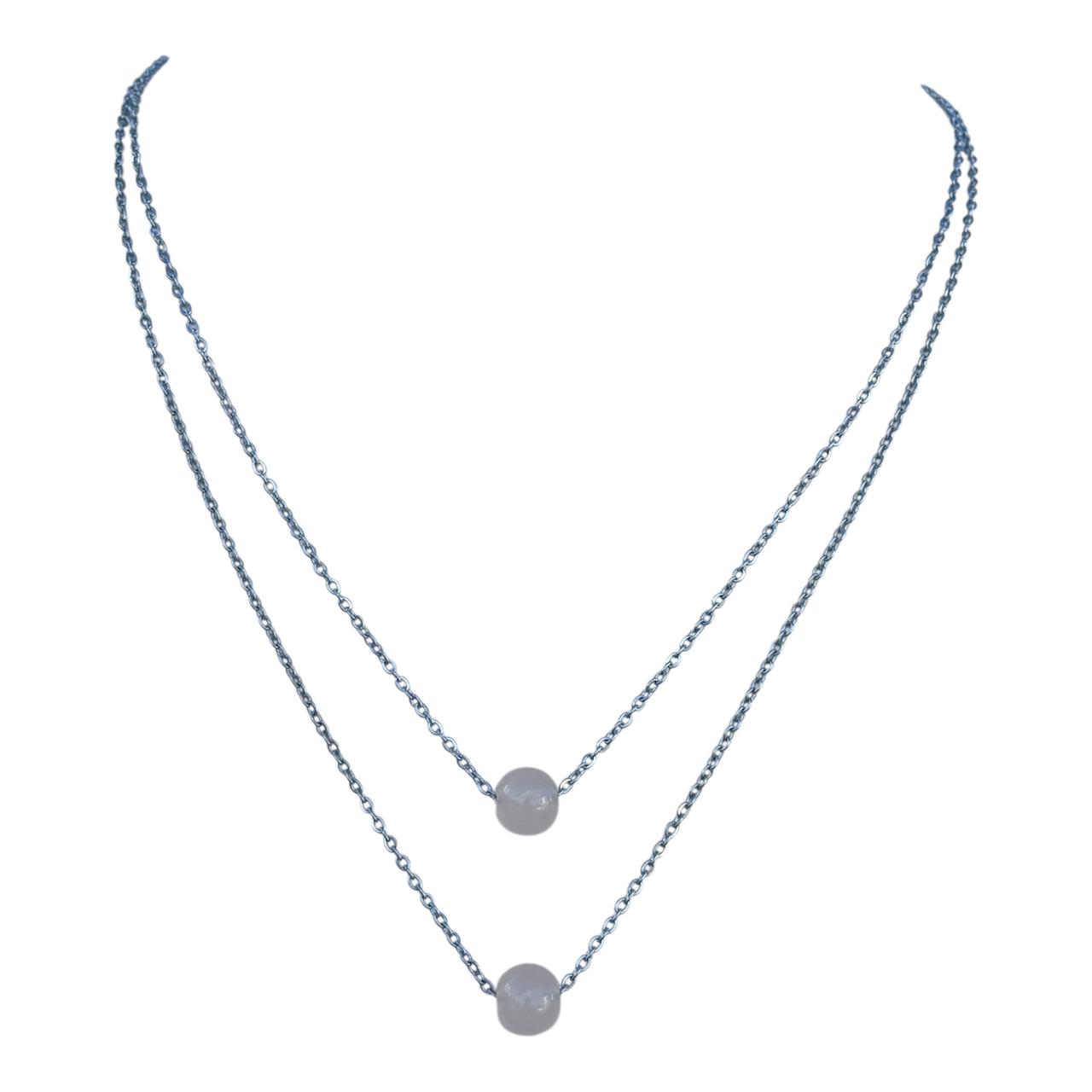 Double Layer Premium German Silver Necklace (16" inch) with Peach Beads, Anti Tarnish Layered Chain, Best for Modern Outlook