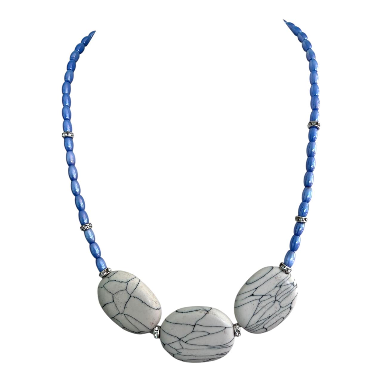 Handcrafted Rare Real Marble Effect Statement Jewellery, Rare Blue Glass Beads with White Shade Effect, Crystal Rhinestone Spacers, 17" inch lenght.