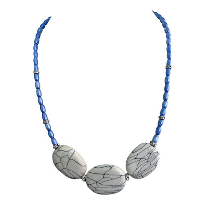 Handcrafted Rare Real Marble Effect Statement Jewellery, Rare Blue Glass Beads with White Shade Effect, Crystal Rhinestone Spacers, 17" inch lenght.