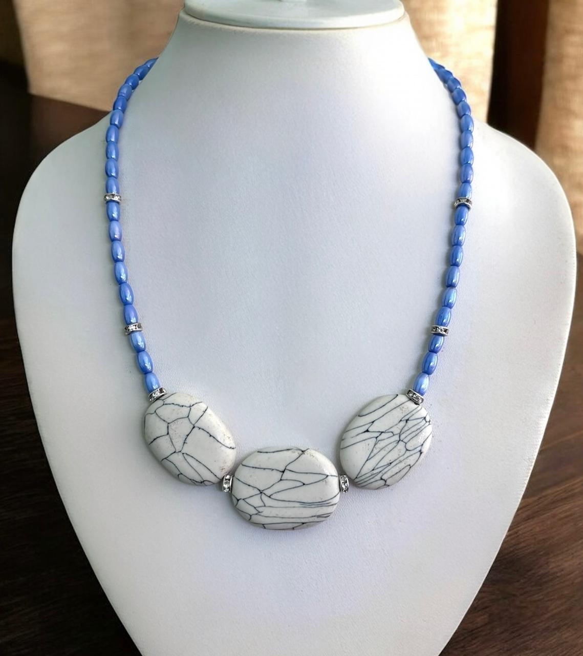 Handcrafted Rare Real Marble Effect Statement Jewellery, Rare Blue Glass Beads with White Shade Effect, Crystal Rhinestone Spacers, 17" inch lenght.