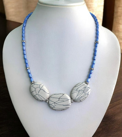 Handcrafted Rare Real Marble Effect Statement Jewellery, Rare Blue Glass Beads with White Shade Effect, Crystal Rhinestone Spacers, 17" inch lenght.