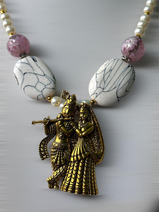 Radha Krishna Pearl Necklace for Women | Marble-Effect Beads & Antique Gold-Plated Pendant | Anti-Tarnish Traditional Jewellery | 18 in Chain