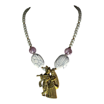 Radha Krishna Pearl Necklace for Women | Marble-Effect Beads & Antique Gold-Plated Pendant | Anti-Tarnish Traditional Jewellery | 18 in Chain