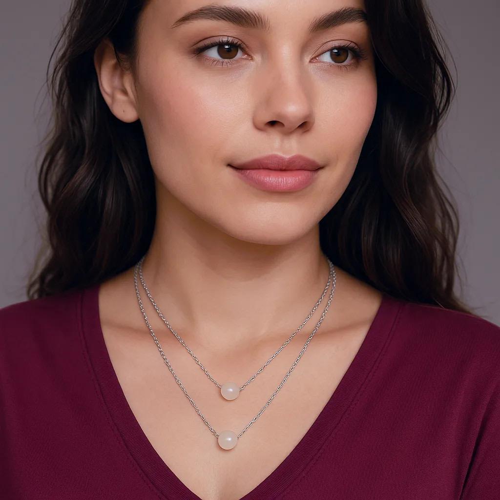 Double Layer Premium German Silver Necklace (16" inch) with Peach Beads, Anti Tarnish Layered Chain, Best for Modern Outlook