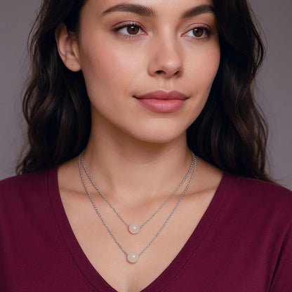 Double Layer Premium German Silver Necklace (16" inch) with Peach Beads, Anti Tarnish Layered Chain, Best for Modern Outlook