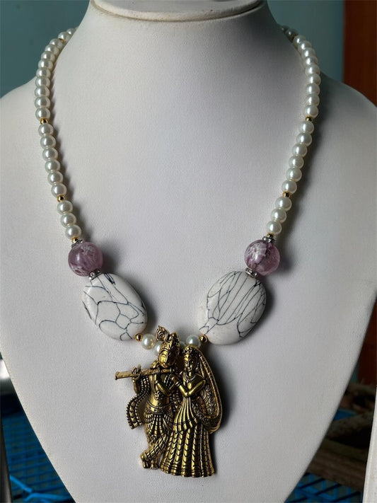 Radha Krishna Pearl Necklace for Women | Marble-Effect Beads & Antique Gold-Plated Pendant | Anti-Tarnish Traditional Jewellery | 18 in Chain