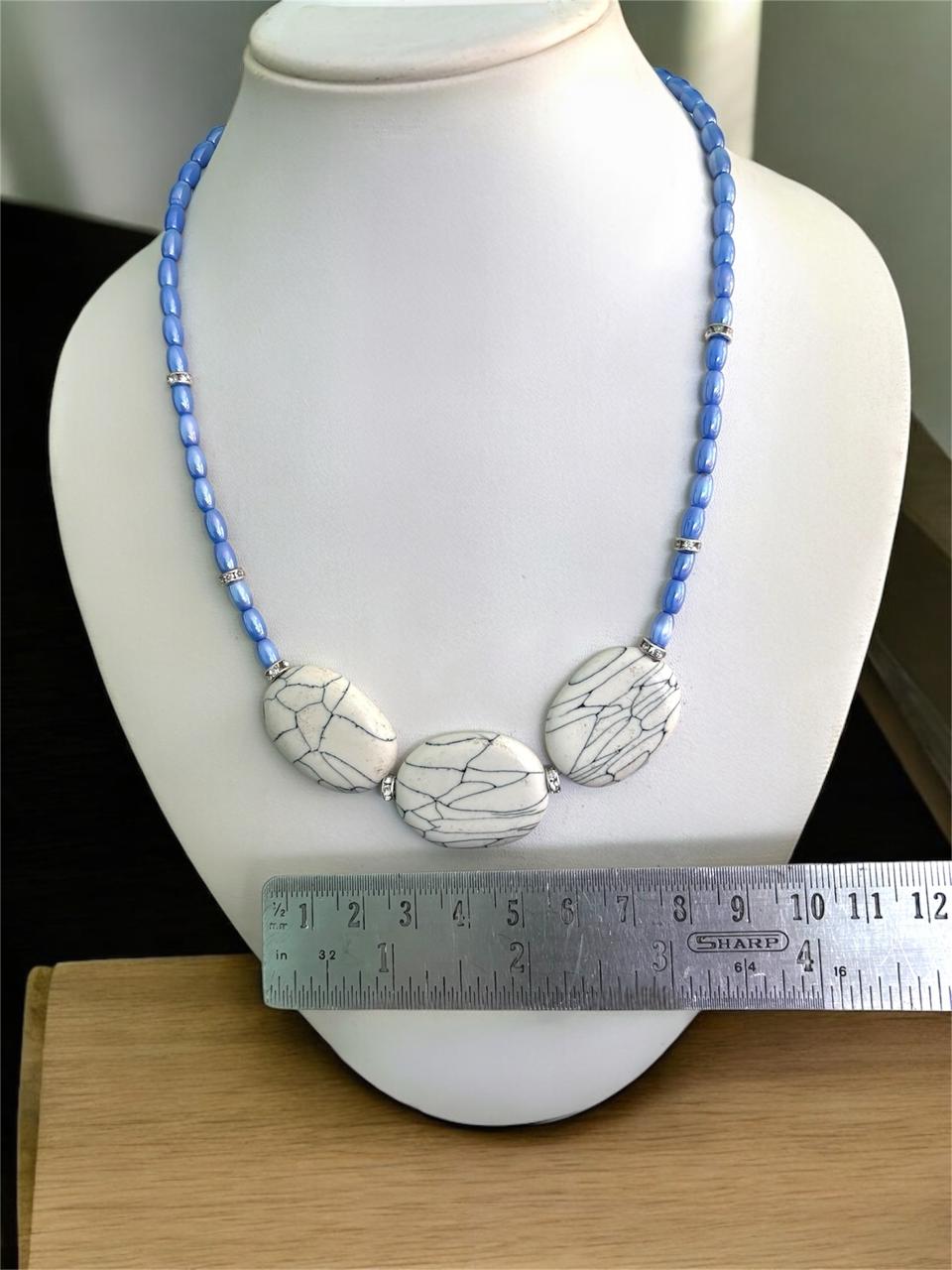 Handcrafted Rare Real Marble Effect Statement Jewellery, Rare Blue Glass Beads with White Shade Effect, Crystal Rhinestone Spacers, 17" inch lenght.