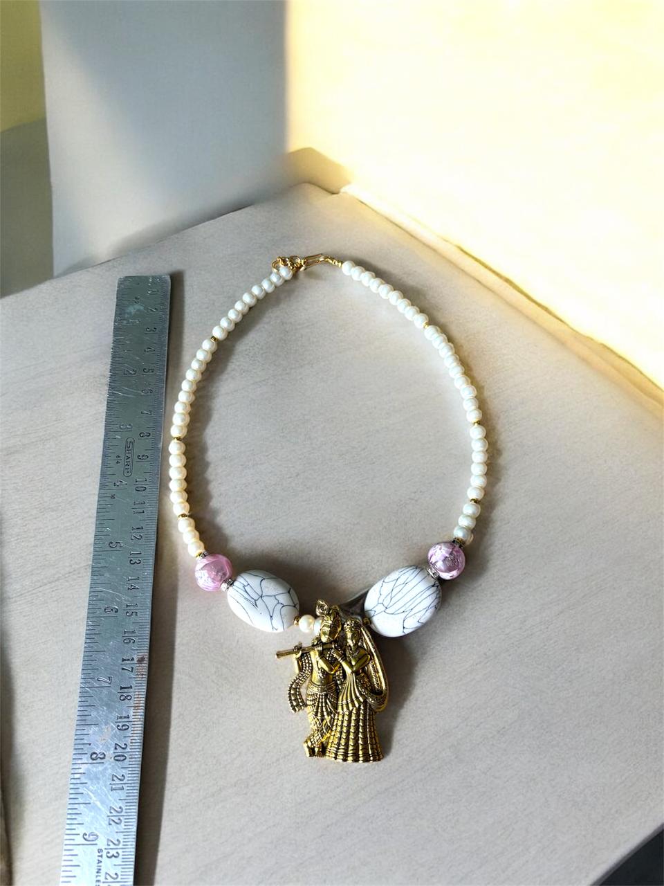 Radha Krishna Pearl Necklace for Women | Marble-Effect Beads & Antique Gold-Plated Pendant | Anti-Tarnish Traditional Jewellery | 18 in Chain