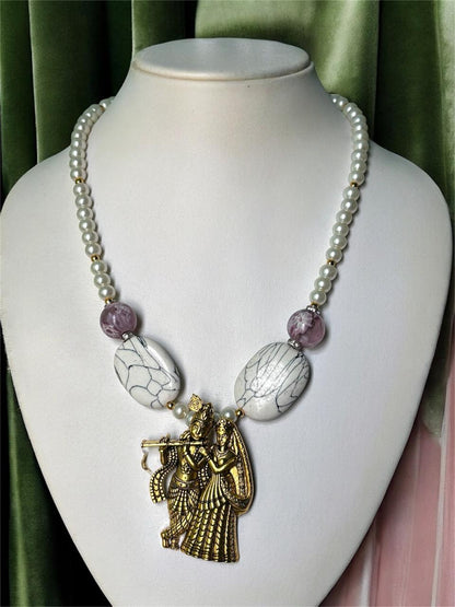Radha Krishna Pearl Necklace for Women | Marble-Effect Beads & Antique Gold-Plated Pendant | Anti-Tarnish Traditional Jewellery | 18 in Chain
