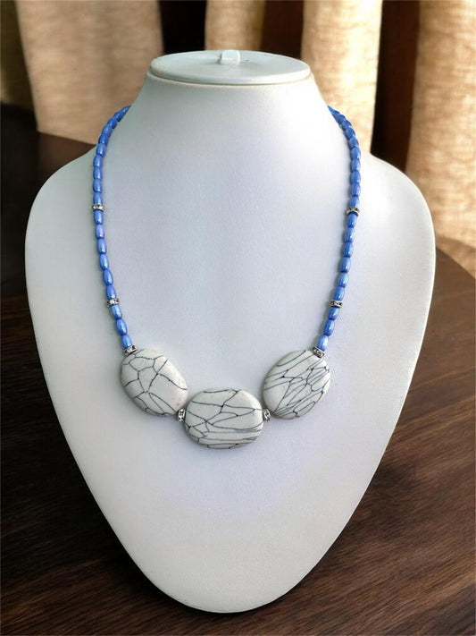 Handcrafted Rare Real Marble Effect Statement Jewellery, Rare Blue Glass Beads with White Shade Effect, Crystal Rhinestone Spacers, 17" inch lenght.