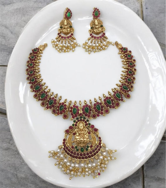 Traditional Temple Lakshmi Imitation Necklace Set with Earrings, Ruby Red and Emerald Green Stones, Pearl Clusters, Gold-Plated