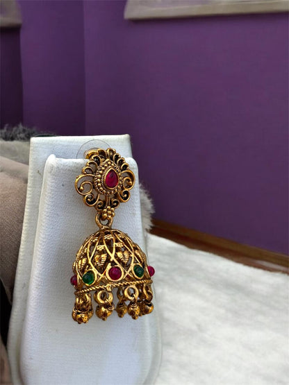 Antique Gold Plated Imitation jewellery Necklace Set with Jhumka Earrings, Traditional Temple Design, Ruby and Emerald Stones
