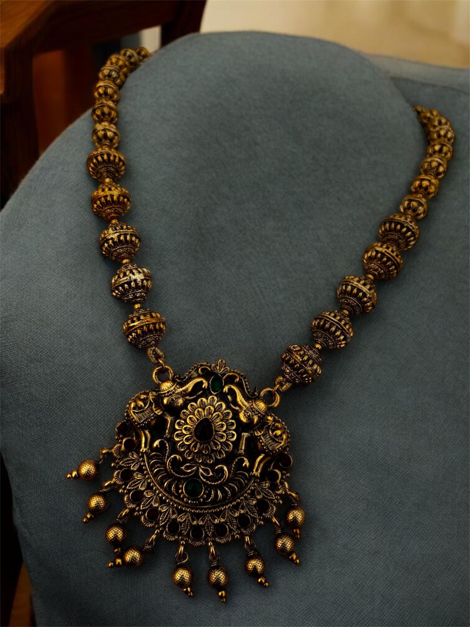 Antique Gold Plated Imitation jewellery Necklace Set with Jhumka Earrings, Traditional Temple Design, Ruby and Emerald Stones