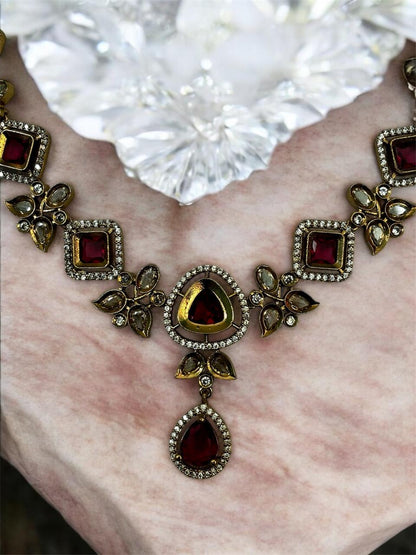 Vintage-Style Ruby and Crystal Immitation Necklace Set with Earrings, Fusion of Western and Tradition, Gold-Toned, Floral Design