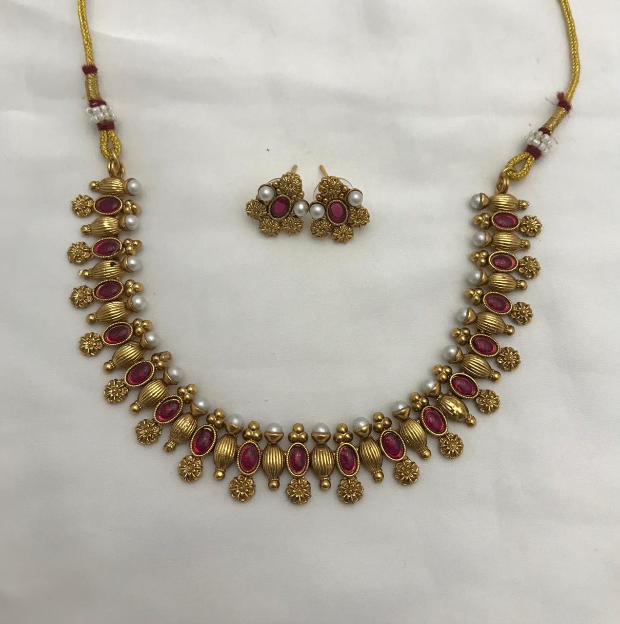 Vintage Style Antique Ruby Necklace and Earrings Imitation Jewellery Set, Gold-Toned Metal with Red Stones and Pearl Accents