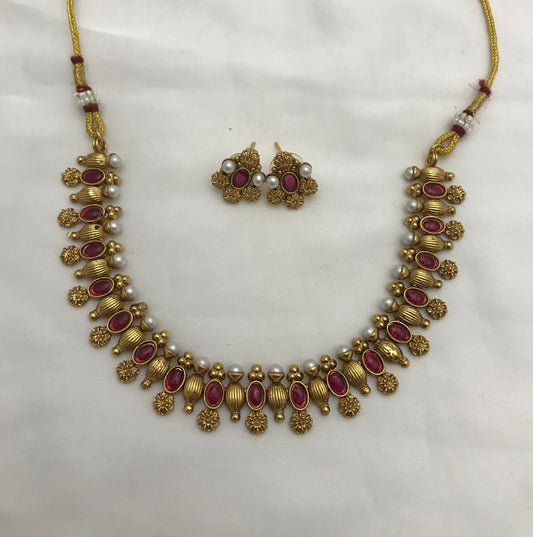 Vintage Style Antique Ruby Necklace and Earrings Imitation Jewellery Set, Gold-Toned Metal with Red Stones and Pearl Accents