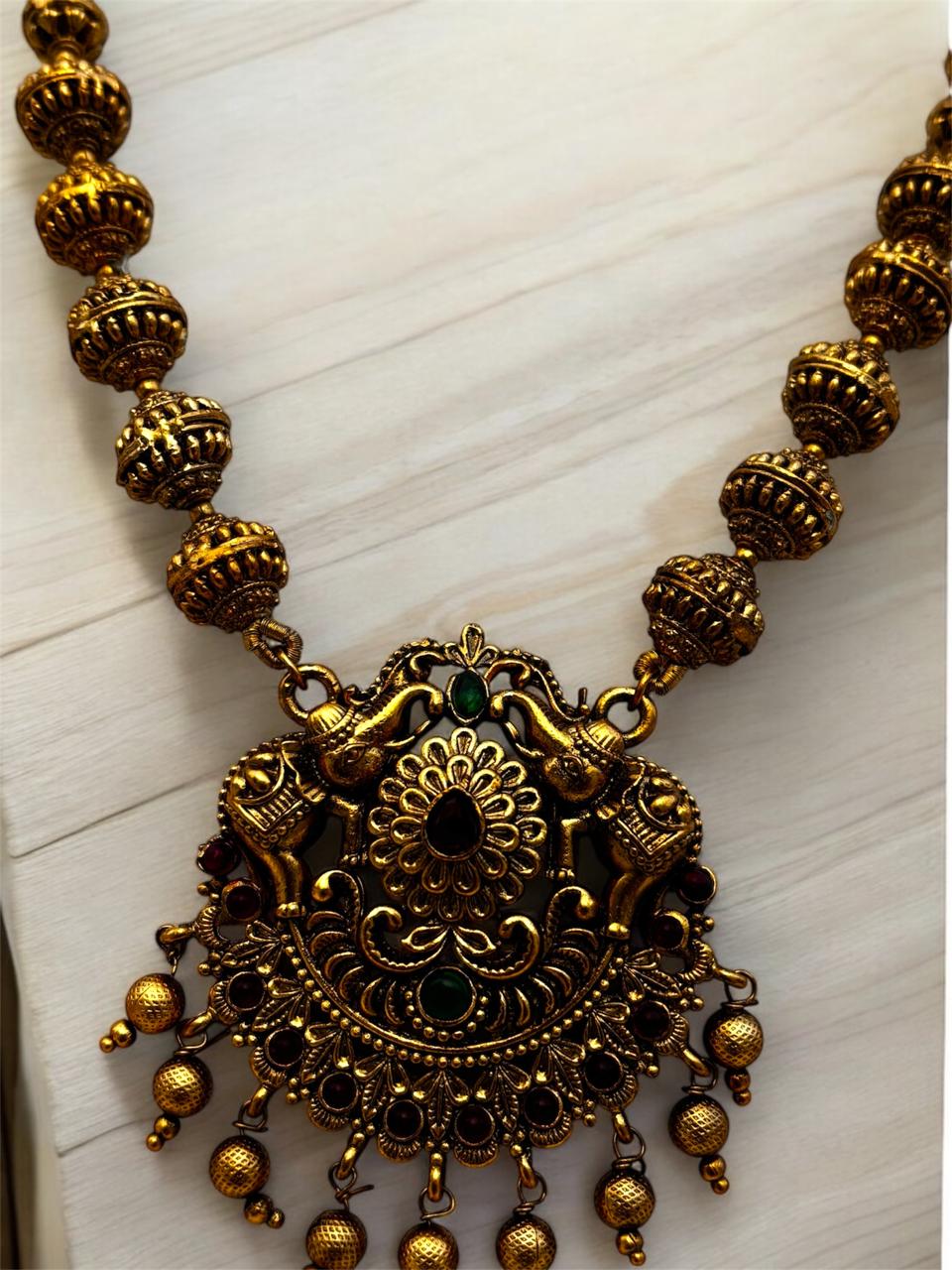 Antique Gold Plated Imitation jewellery Necklace Set with Jhumka Earrings, Traditional Temple Design, Ruby and Emerald Stones