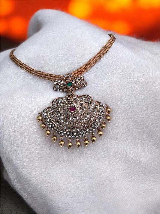 Traditional Imitation Jewellery Set for Women | Gold-Plated Pendant Necklace & Earrings | Ruby & Emerald Accents, Crystal Studded