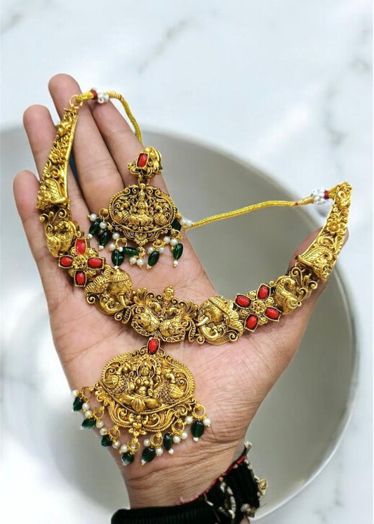 Temple Jewellery Set for Women | Lakshmi Design Necklace & Earrings with Red-Green Drops | Antique Gold-Plated Traditional Set