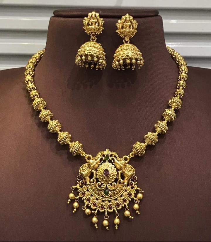 Antique Gold Plated Imitation jewellery Necklace Set with Jhumka Earrings, Traditional Temple Design, Ruby and Emerald Stones