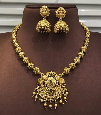 Antique Gold Plated Imitation jewellery Necklace Set with Jhumka Earrings, Traditional Temple Design, Ruby and Emerald Stones
