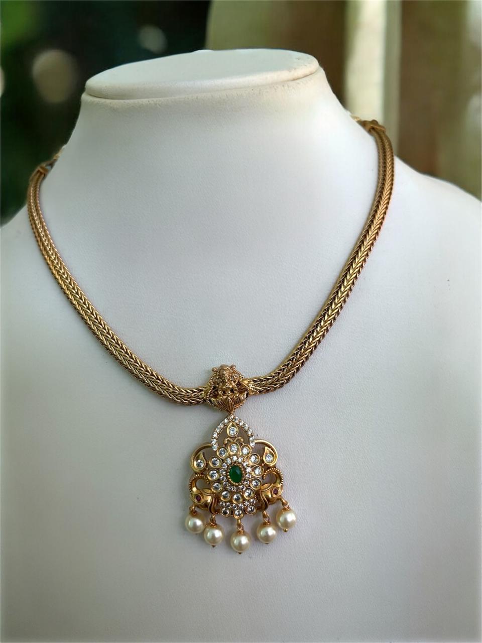 Traditional AD Stone Necklace Set for Women | Gold-Plated Chain with Pearl & Emerald Accents | Lakshmi Earrings & Matching Set