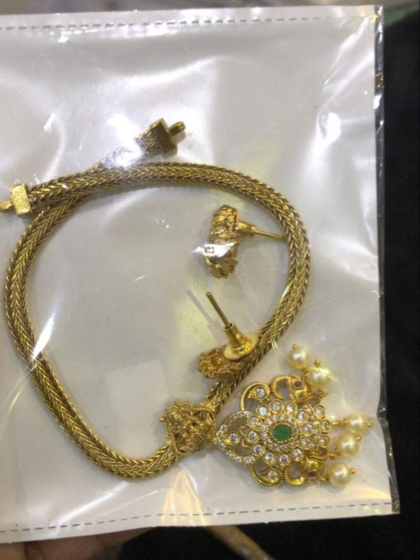 Traditional AD Stone Necklace Set for Women | Gold-Plated Chain with Pearl & Emerald Accents | Lakshmi Earrings & Matching Set