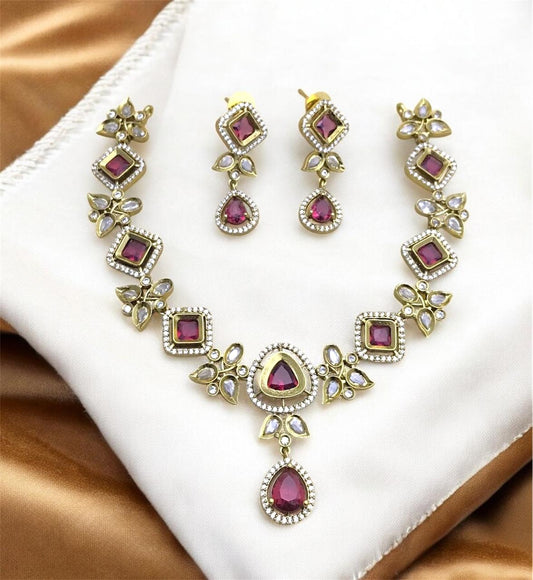 Vintage-Style Ruby and Crystal Immitation Necklace Set with Earrings, Fusion of Western and Tradition, Gold-Toned, Floral Design