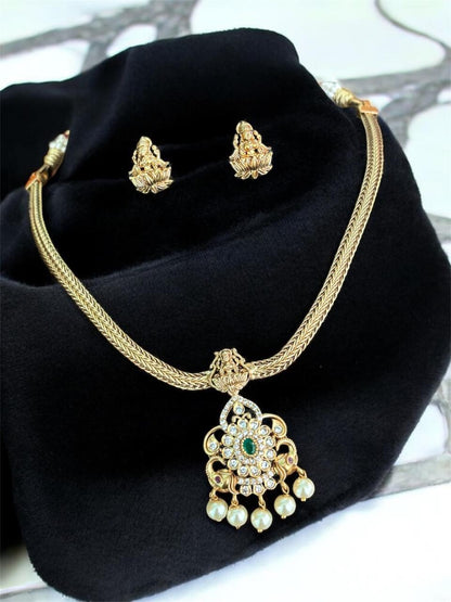 Traditional AD Stone Necklace Set for Women | Gold-Plated Chain with Pearl & Emerald Accents | Lakshmi Earrings & Matching Set
