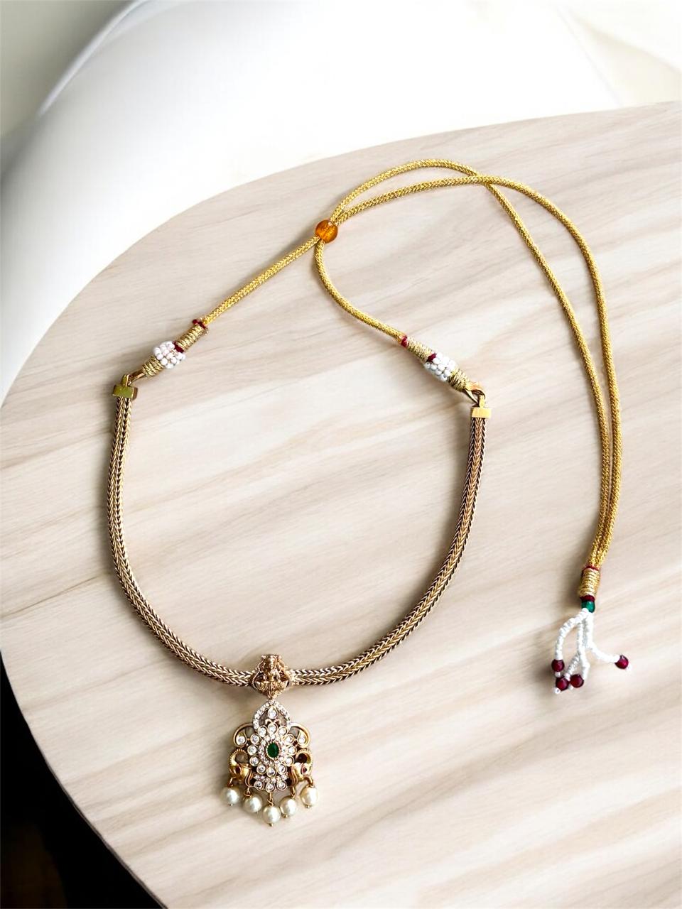 Traditional AD Stone Necklace Set for Women | Gold-Plated Chain with Pearl & Emerald Accents | Lakshmi Earrings & Matching Set