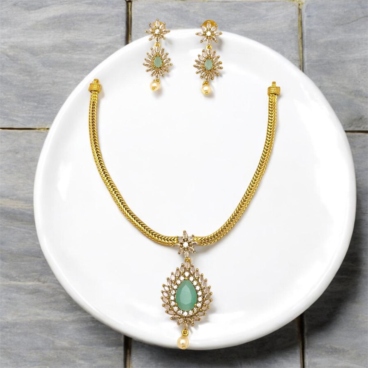 Elegant Torquoise Green Adstone Imitation Jewellery Set