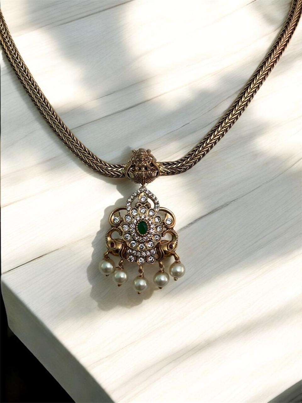 Traditional AD Stone Necklace Set for Women | Gold-Plated Chain with Pearl & Emerald Accents | Lakshmi Earrings & Matching Set