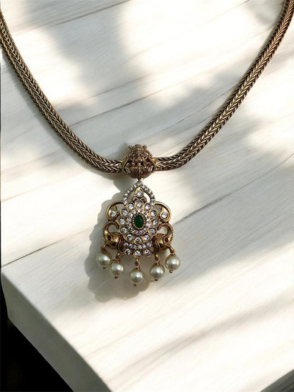 Traditional AD Stone Necklace Set for Women | Gold-Plated Chain with Pearl & Emerald Accents | Lakshmi Earrings & Matching Set