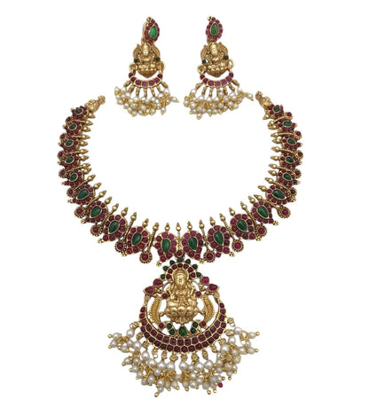 Traditional Temple Lakshmi Imitation Necklace Set with Earrings, Ruby Red and Emerald Green Stones, Pearl Clusters, Gold-Plated
